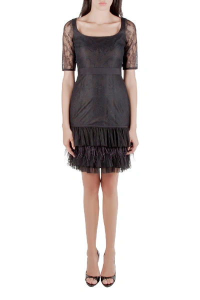 Pre-owned Marchesa Notte Black Lace Ruffle Tiered Hem Feather Insert Cocktail Dress M