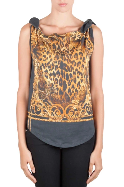 Pre-owned Balmain Green And Gold Leopard Print Cotton Shoulder Tie Detail Top S