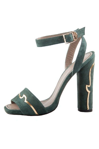 Pre-owned Versace Dark Green And Gold Suede Ankle Strap Sandals Size 37