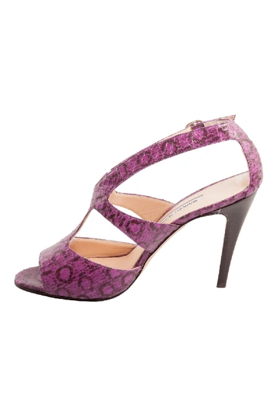 Pre-owned Manolo Blahnik Purple And Black Snakeskin Peep Toe Ankle Strap Sandals Size 38.5