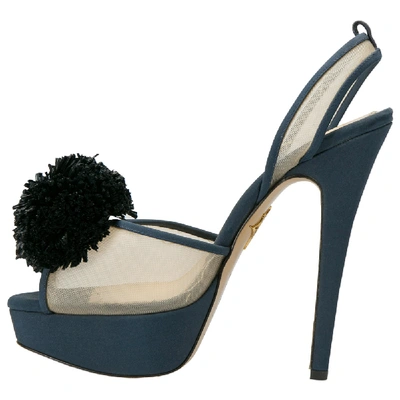 Pre-owned Charlotte Olympia Blue Suede Trim And Mesh Pomoline Pom Pom Platform Sandals Size 37