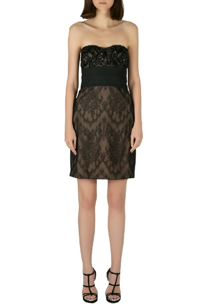 Pre-owned Marchesa Notte Black Sequin Embellished Lace Overlay Strapless Pencil Dress M