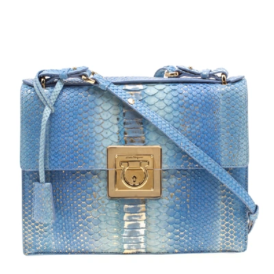 Pre-owned Ferragamo Blue/gold Python Gancio Lock Shoulder Bag