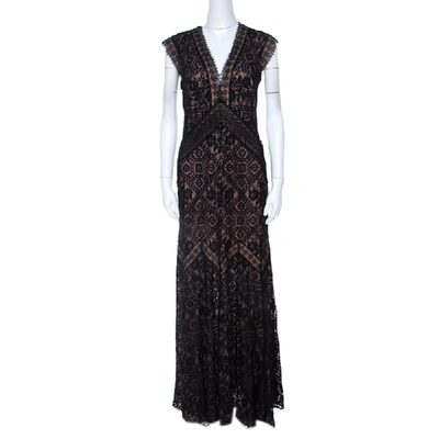 Pre-owned Tadashi Shoji Black Lace Overlay V Neck Evening Gown M