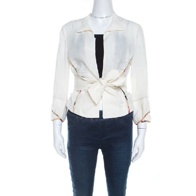 Pre-owned Marni Off White Linen Contrast Piping Detail Belted Jacket M In Cream