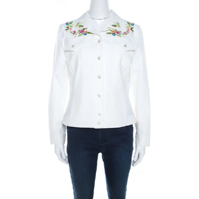 Pre-owned Escada White Denim Floral Embroidered Jacket M