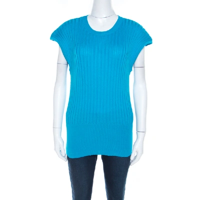 Pre-owned Escada Blue Cotton Ribbed Knit Crew Neck Top L