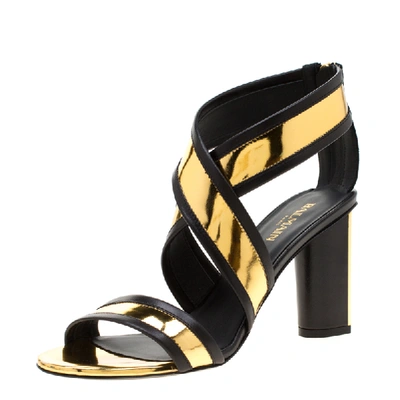 Pre-owned Balmain Metallic Gold And Black Leather Cross Strap Block Heel Sandals Size 36