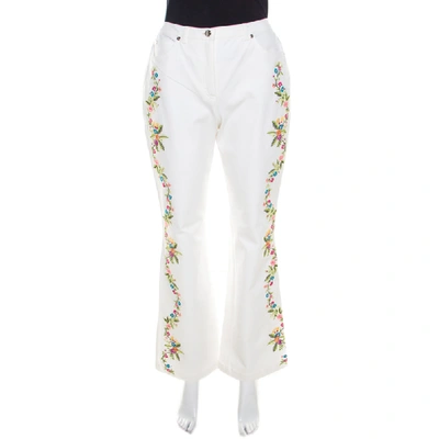 Pre-owned Escada White Cotton Stretch Denim Floral Embroidered Detail Flared Trousers M