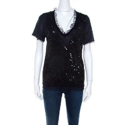 RED VALENTINO Pre-owned Black Knit Sequined Lace Trim V Neck Top S