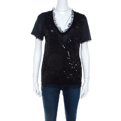 Pre-owned Red Valentino Black Knit Sequined Lace Trim V Neck Top S