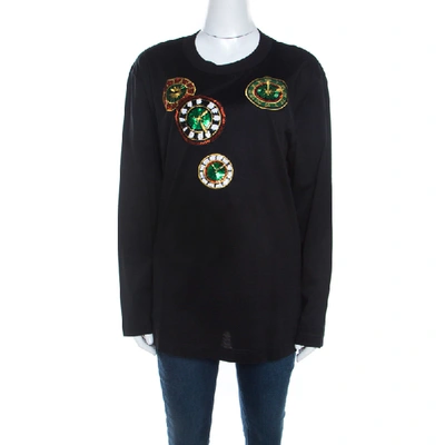 Pre-owned Escada Black Rib Knit Cotton Embellished Clock Applique Long Sleeve Top L