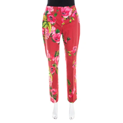 Pre-owned Blumarine Red Floral Print Cotton Straight Fit Trousers M