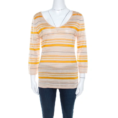 Pre-owned Escada Beige And Orange Stripes Knit Long Sleeve Top L