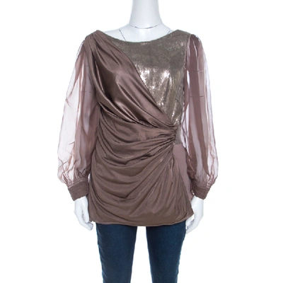 TADASHI SHOJI Pre-owned Champagne Stretch Knit Sequined Inlay Draped Sheer Sleeve Top M In Gold