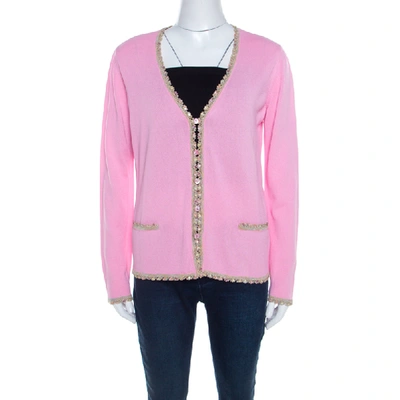 Pre-owned Escada Pink Knit Sequined Lace Trim Button Front Cardigan M