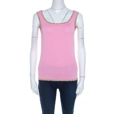 Pre-owned Escada Baby Pink Stretch Knit Sequined Lace Trim Sleeveless Top M
