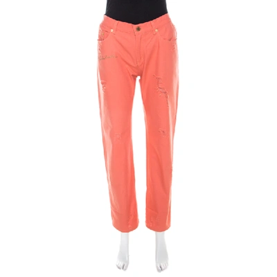 Pre-owned Roberto Cavalli Coral Pink Cotton Twill Denim Logo Print Distressed Jeans L
