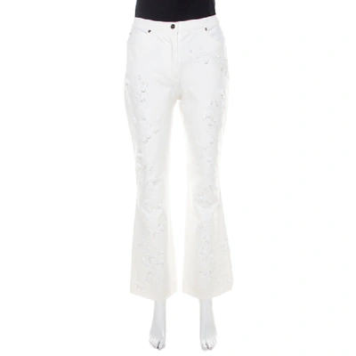 Pre-owned Escada White Cotton Twill Denim Sequined Rosette Applique Flared Jeans M