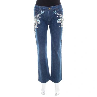 Pre-owned Roberto Cavalli Blue Crystal Embellished Denim Wide Leg Jeans L