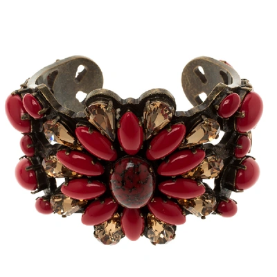 Pre-owned Etro Red Cabochon & Crystal Flower Statement Open Cuff Bracelet