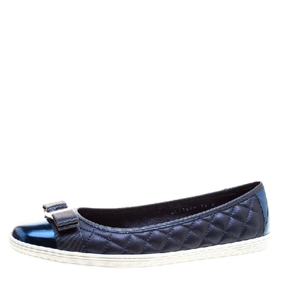 Pre-owned Ferragamo Metallic Blue Quilted Leather Rufina Sneaker Ballet Flats Size 41.5