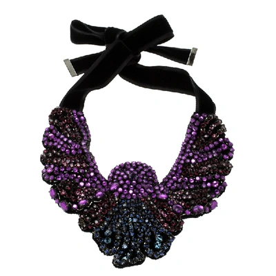Pre-owned Etro Crystal Studded Bib Black Fabric Necklace In Purple