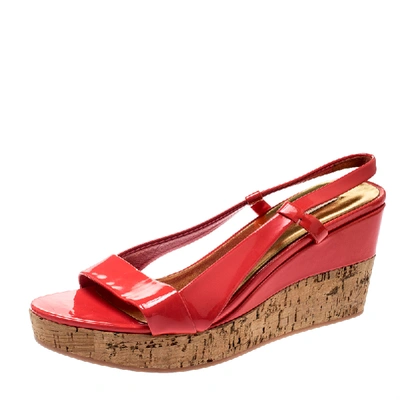 Pre-owned Miu Miu Coral Pink Patent Leather Slingback Cork Wedges Platform Sandals Size 39