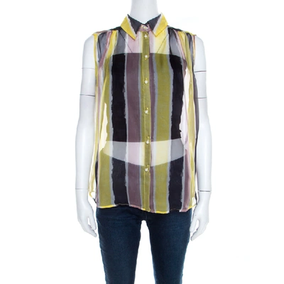 Pre-owned Versace Collection Multicolor Striped Sheer Silk Pearl Button Detail Sleeveless Shirt M