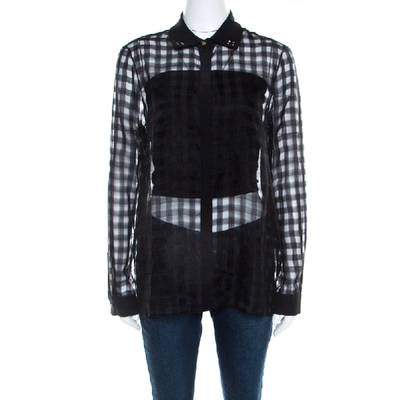 Pre-owned Versace Black Sheer Checkered Cotton Silk Gold Medusa Button Detail Shirt S