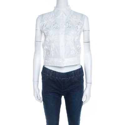 Pre-owned Alberta Ferretti Off White Floral Embroidered Sheer Cotton Sleeveless Crop Shirt S