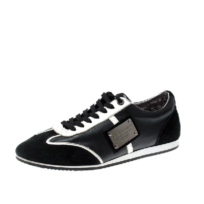 Pre-owned Dolce & Gabbana Monochrome Suede And Leather Logo Plaque Sneakers Size 43 In Black