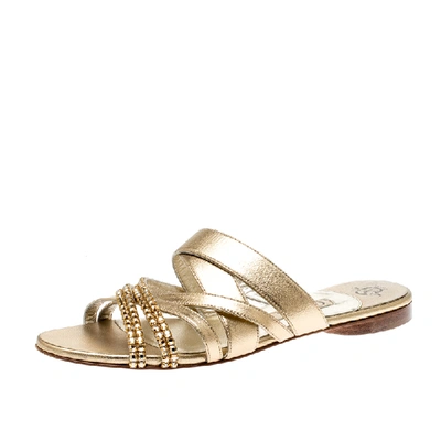 Pre-owned Gina Metallic Gold Leather Embellished Flat Sandals Size 38