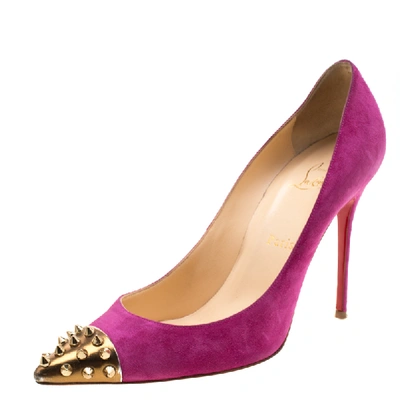 Pre-owned Christian Louboutin Pink Suede Geo Spike Studded Cap Toe Pumps Size 39.5