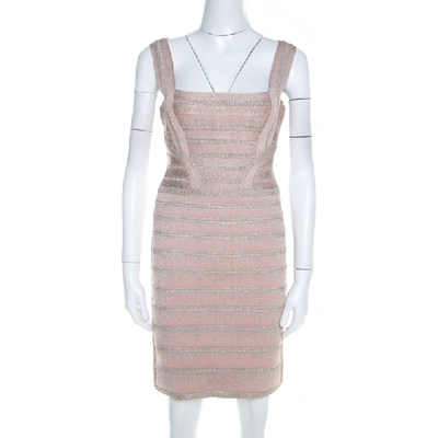 Pre-owned Herve Leger Light Pink And Metallic Crochet Knit Alyia Bandage Dress M