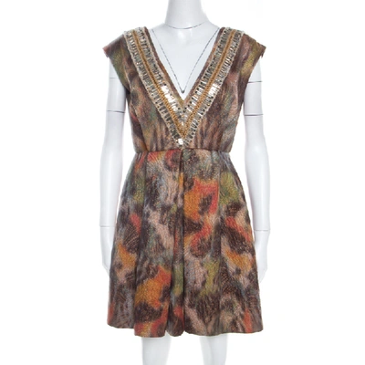 Pre-owned Matthew Williamson Multicolor Printed Jacquard Plunge Neck Cocktail Dress M