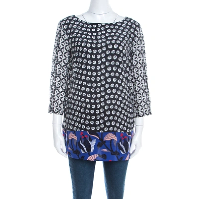 Pre-owned Escada Black Rose Motif Print Silk Contrast Panel Narayanin Tunic Blouse M