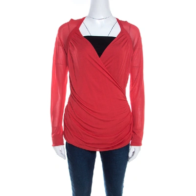 Pre-owned Escada Red Knit Ruched Crossover Front Long Sleeve Top L