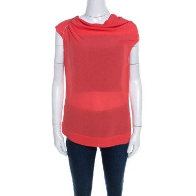 Pre-owned Escada Coral Orange Silk Embellished Cowl Neck Sleeveless Neslisah Top M