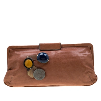 Pre-owned Marni Brown Glaze Leather Multicolor Stone Frame Clutch