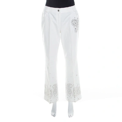 Pre-owned Dior White Cotton Paisley Sequin Embroidered Flared Jeans L
