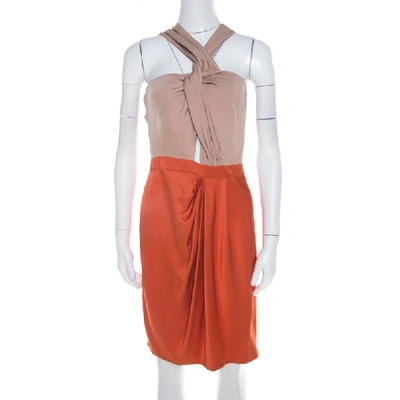 Pre-owned Gucci Orange And Beige Colorblock Silk Tassel Tie Detail Dress M