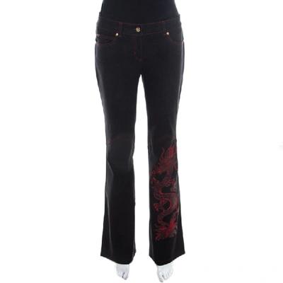 Pre-owned Escada Black Stretch Denim Dragon Embroidered Flared Jeans M