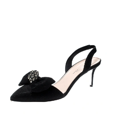 Pre-owned Oscar De La Renta Black Glitter Fabric Samie Bow Slingback Sandals Size 40
