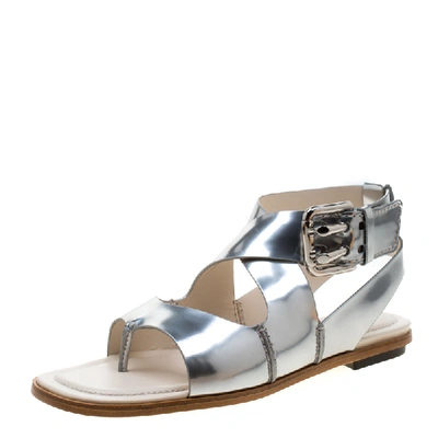 Pre-owned Tod's Metallic Silver Leather Cross Strap Flat Sandals Size 39