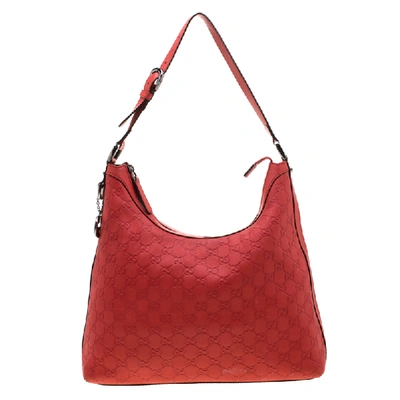 Pre-owned Gucci Ssima Leather Charm Hobo In Red