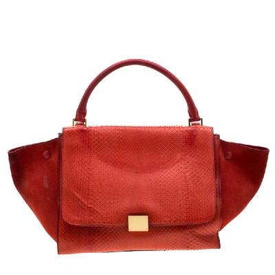 Pre-owned Celine Red Python And Suede Medium Trapeze Bag