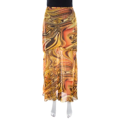 Pre-owned Escada Silk Chiffon Yellow Abstract Print Sheer Hem Skirt M