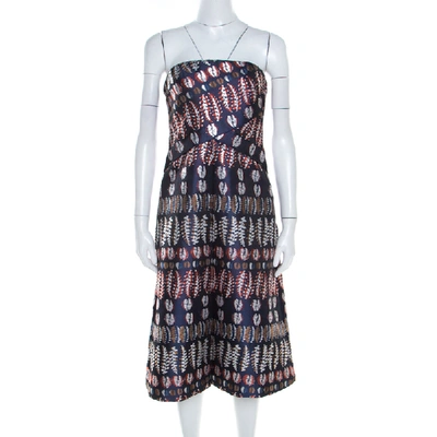 Pre-owned Tory Burch Navy Blue Lurex Fern Patterned Pleated Bodice Strapless Dress L