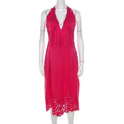 Pre-owned Catherine Malandrino Pink Cotton Eyelet Trim Detail Halter Dress M